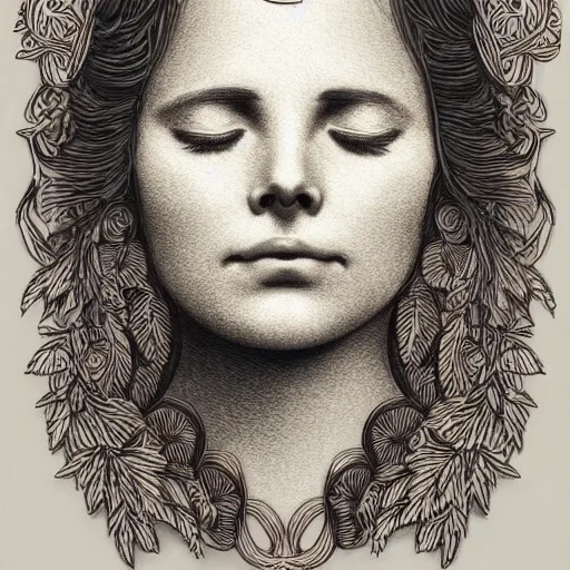 Image similar to Copper engraving of a calm and appeased woman, closing eyes, ivy creeping around her face, artstation, intricate, 8k, award-winning