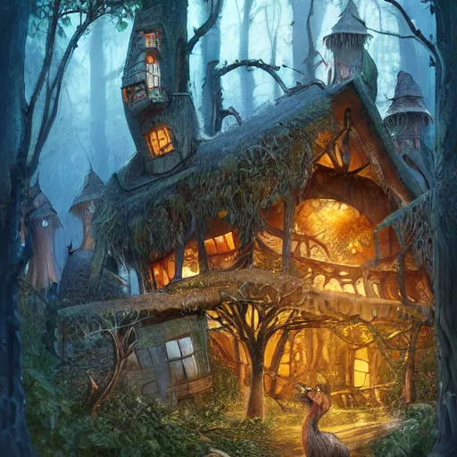 Image similar to a storybook illustration of a ramshackle multistory fairytale hut in the forest, intricate, elegant, on chicken legs, in forest, fantasy, highly detailed, digital painting, concept art, sharp focus, trending on artstation