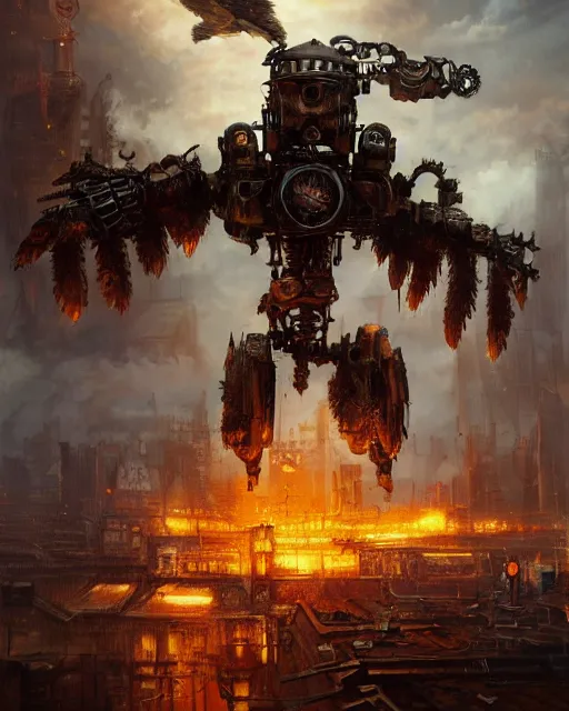 Image similar to oil painting of exploding steampunk city, Gigantic Steampunk Owl Robot above, sharp focus, full body, heroic pose, fantasy style, octane render, volumetric lighting, 8k high definition, by greg rutkowski, highly detailed, trending on art Station, magic the gathering artwork, centered, dramatic artwork, combat scene