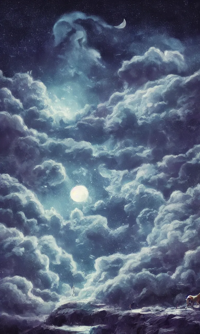 Image similar to a beautiful painting of ice age, starry sky, moon ， cloud, by liam wong and yuumei and yanjun chen, trending on artstation