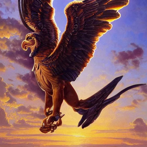 Image similar to a realistic oil painting of a winged lion's body with the head of an eagle and a beak, spreading its wings in an ancient egyptian temple, at purple sunset, highly detailed, trending on artstation, by james gurney and michael whelan and krenz cushart and alphonse mucha