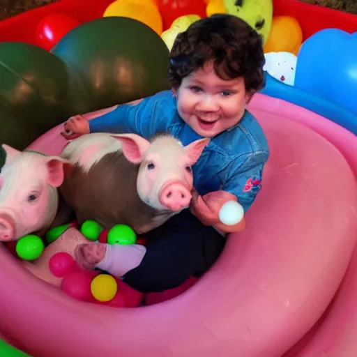 Image similar to infant riding on the back of a pig in a ball pit