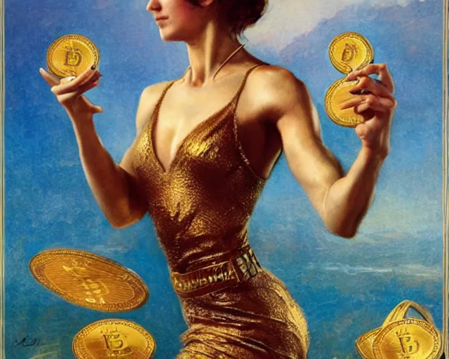 Image similar to attractive athletic woman magically holding a golden bitcoin, commercial by annie liebovitz, gaston bussiere, craig mullins, j. c. leyendecker