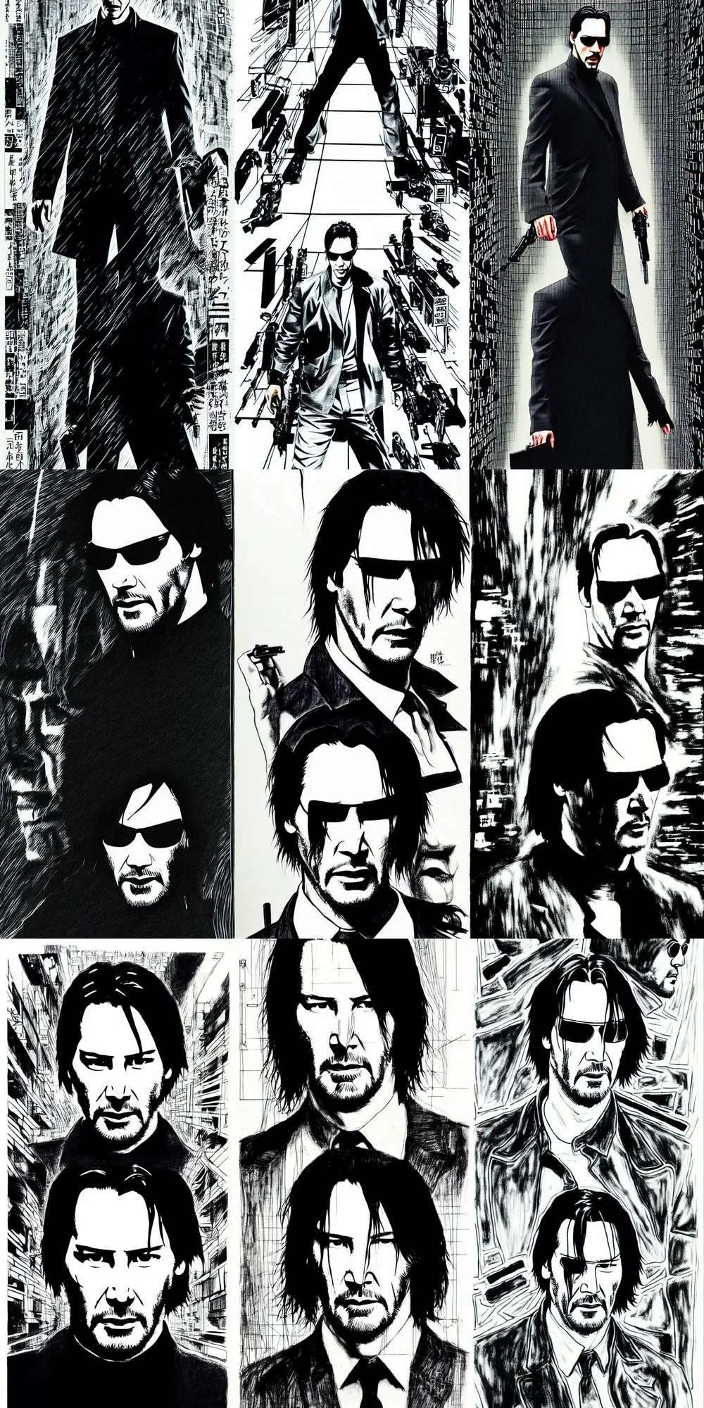 Prompt: Keanu Reeves in The Matrix. line drawing. By Katsuhiro Otomo