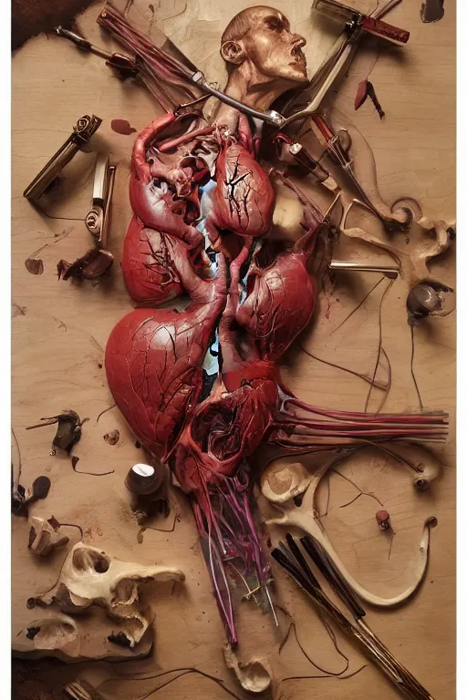 Prompt: accurate anatomical heart imagined as wood board painting palette, painted by ruan jia, raymond swanland, lawrence alma tadema, zdzislaw beksinski, norman rockwell, jack kirby, tom lovell, alex malveda, greg staples, artgerm, greg rutkowski and alphonse mucha