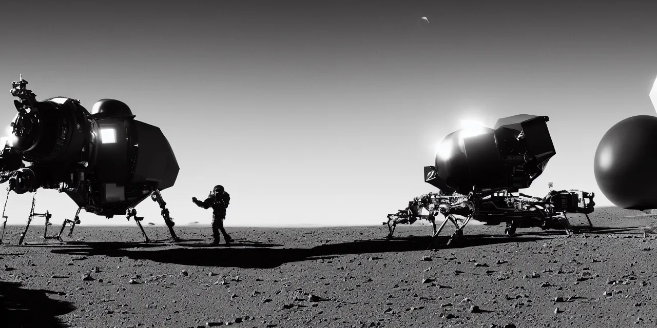 Image similar to black and white photo of a retailed spaceship landing on bright mars, black background with glowing stars and satalites, cinematic film still, high contrast, astrophotography, 4 k, 1 7 mm lens imax camera,