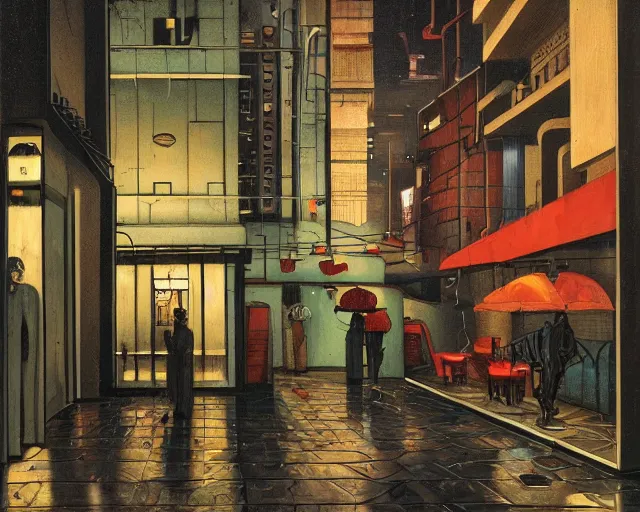 Image similar to exterior of the only cyberpunk open restaurant in a night rainy melancholy cyberpunk city by de chirico