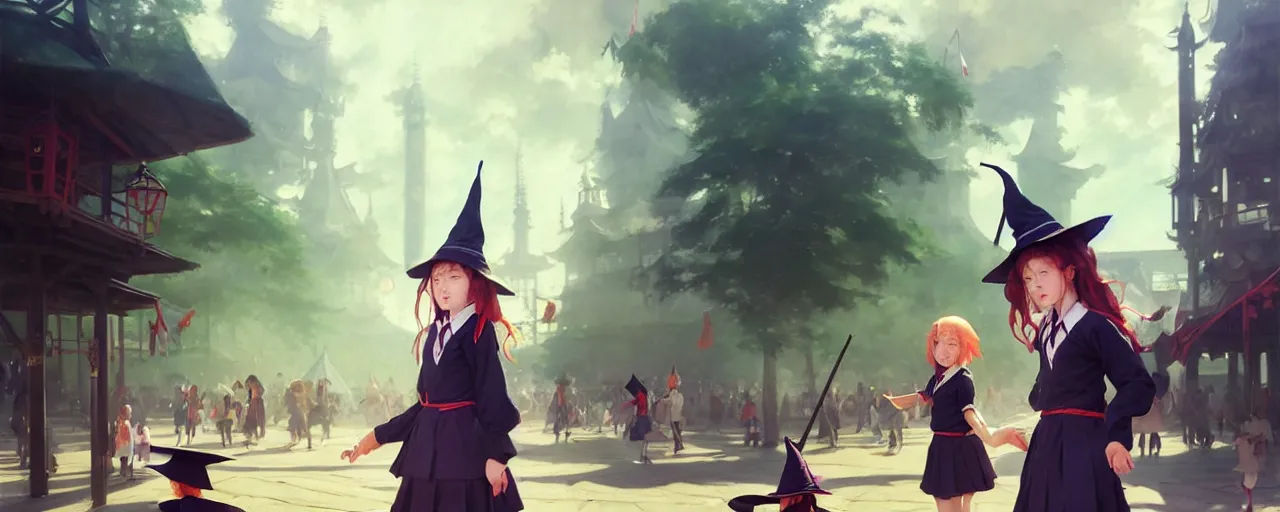 Image similar to young student witch wearing magic school uniform patrolling around small town carnival amusement, food stalls, big top circus tent, highly detailed, magical, japan, digital painting, concept art, matte, art by ruan jia and wlop and greg rutkowski and makoto shinkai, masterpiece