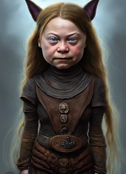 Image similar to portrait of greta thunberg as a medieval goblin girl, beautiful face, hyper realistic, highly detailed, digital painting, artstation, illustration, concept art by hyung tae and frank frazetta, digital paint, matte paint, washed colors, dark, gloomy