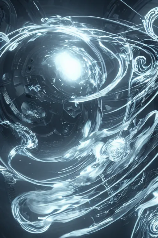 Image similar to swirling abstract cyborg parts and ornate flowing smoke streams and smooth particle effects surround a small metallic sphere, unreal engine