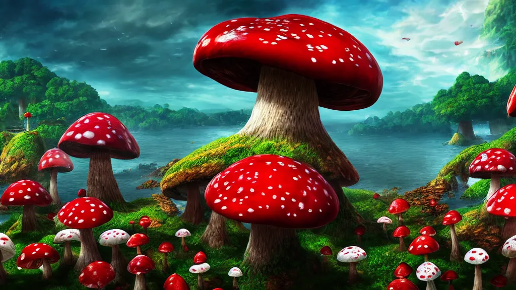 Image similar to archipelago in the mushroom kingdom, red and white spotted giant mushrooms, exotic flora, giant roses, thousands of flowers, fantasy artwork, very very very beautiful scenery, hd, hdr, ue 5, ue 6, unreal engine 5, cinematic 4 k wallpaper, 8 k, ultra detailed, high resolution, artstation, award winning