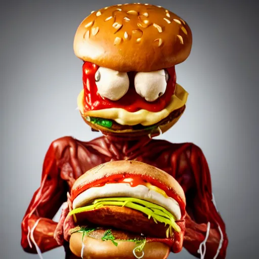 Image similar to a humanoid bipedal upright zombie that strongly resembles a hamburger, professional food photography