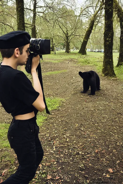 Image similar to slim teenage boy, dark curly hair, wearing a black beret hat, dark shirt black trousers, brown satchel, outside in a park, using a super 8mm camera to film a bear which is beside him