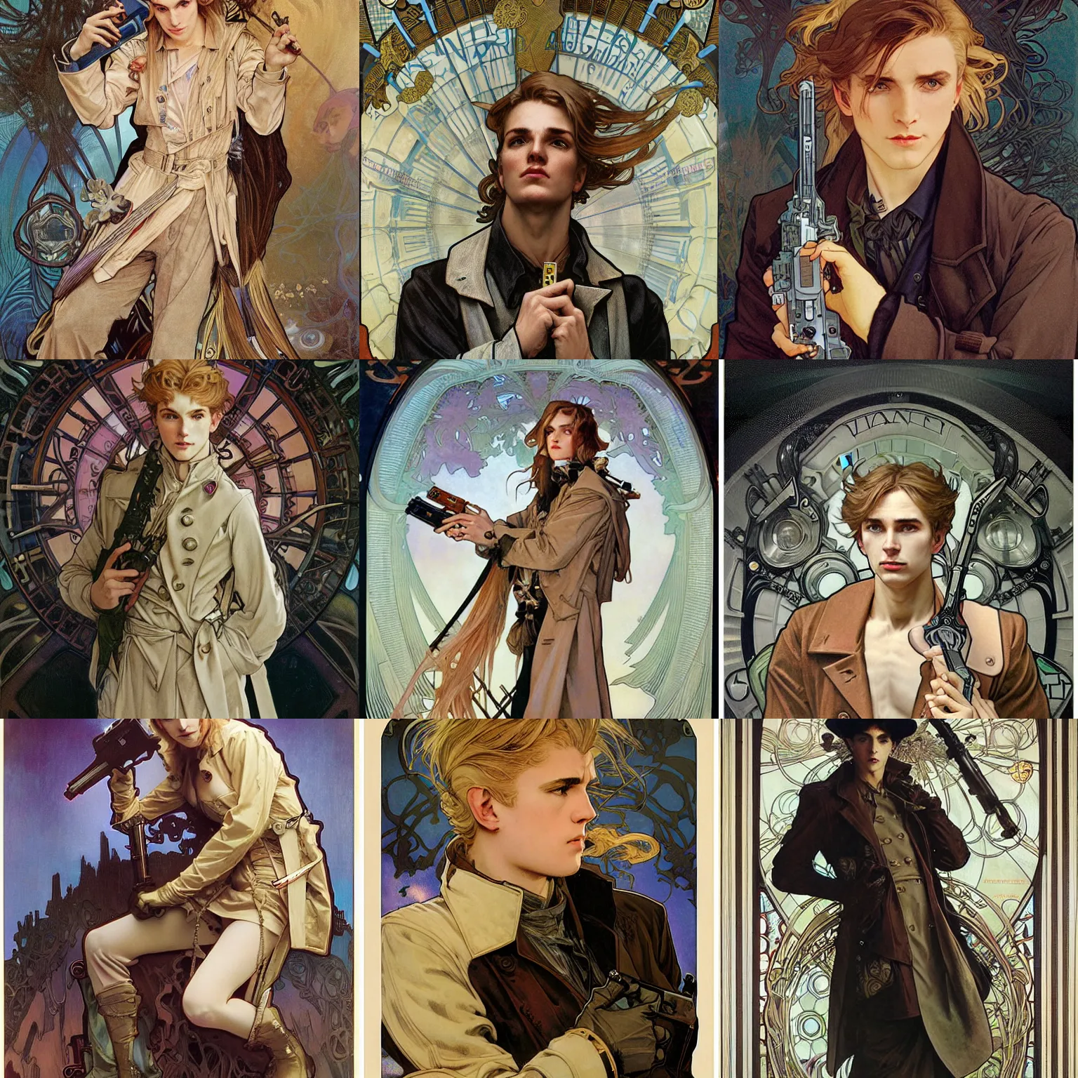 Prompt: young male wastelander wearing trench coat with blonde ponytail, holding NES Zapper, by Alphonse Mucha, Ayami Kojima, Amano, Charlie Bowater, Karol Bak, Greg Hildebrandt, Jean Delville, and Mark Brooks, Art Nouveau, Pre-Raphaelite, Neo-Gothic, gothic, Art Nouveau, rich deep moody colors