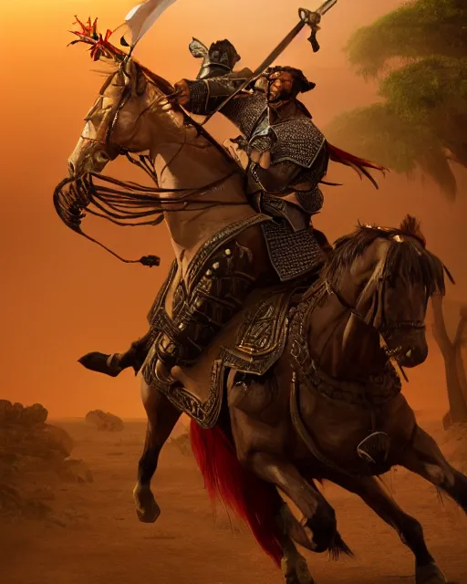 Image similar to 3 d render of a spanish conquistador in battle riding a horse, by daniel zrom, facial features, handsome, cinematic lighting, sharp focus, clear face, jungle, cgsociety, octane, subsurface scattering, cinematic lighting