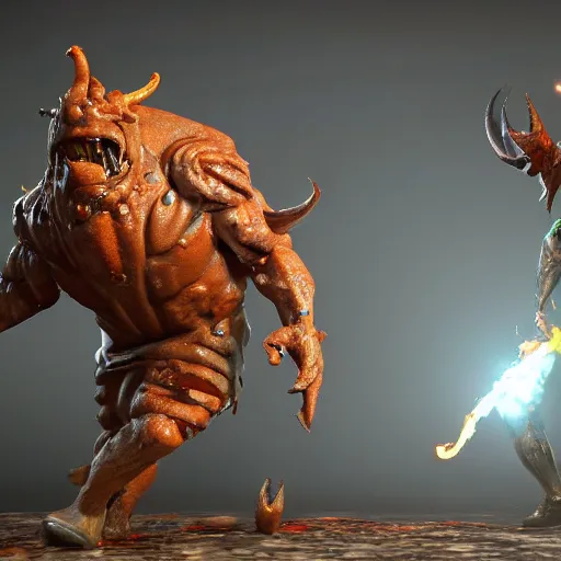 Image similar to a warrior fighting a giant cheeseburger demon that spits mustard. eldenring boss, zbrush, arnold render, unrealengine 5, dark souls, horror, extremely detailed