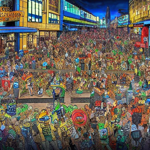 Image similar to landscape of people running away scared from crypto logos standing in the city, cointelegraph design, hyperdetailed, hdr, 8 k