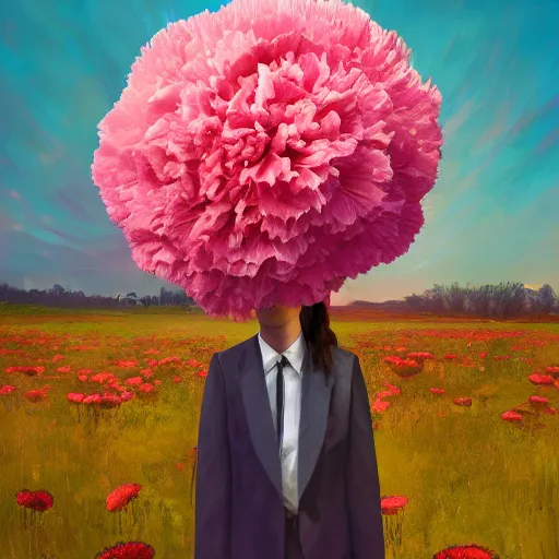 Image similar to giant carnation flower head, frontal, girl in a suit, surreal photography, sunrise, dramatic light, impressionist painting, digital painting, artstation, simon stalenhag