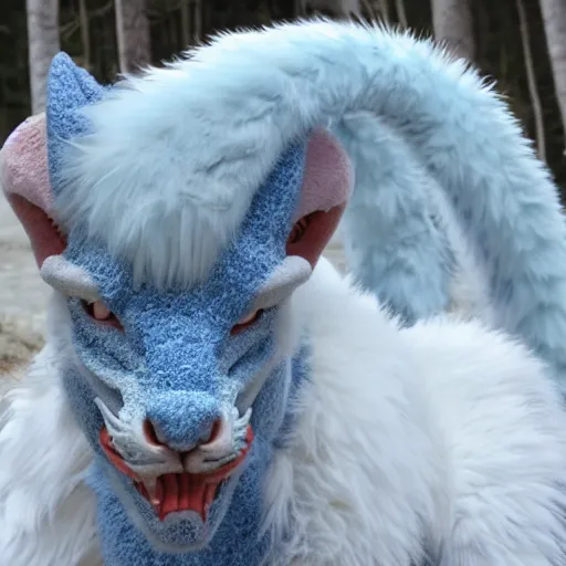 Image similar to white furry dragon with a blue neck mane, 2 grey horns from a 3/4ths angle