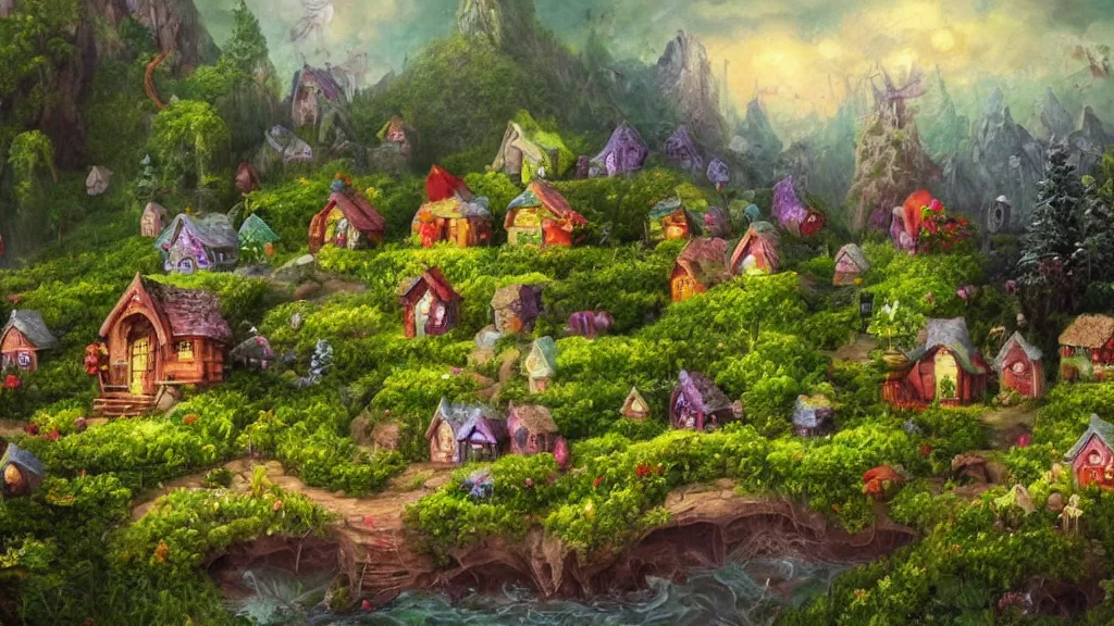 Image similar to tiny fairy houses in a price of broccoli in someone's garden, highly detailed oil painting, epic fantasy art, abstraction, masterpeice, 8k