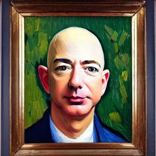 Image similar to a beautiful oil painting of jeff bezos holding a cat, 8k , award winning , made in 1800's , old , painted by vincent van gogh