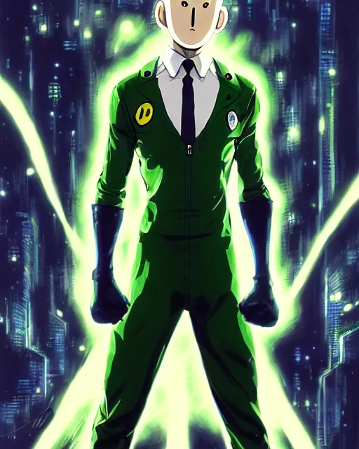 Image similar to luigi as one punch man in a suit, fantasy character portrait, ultra realistic, concept art, intricate details, futuristic background by laurie greasley, highly detailed by greg rutkowski, ilya kuvshinov, gaston bussiere, craig mullins, simon bisley