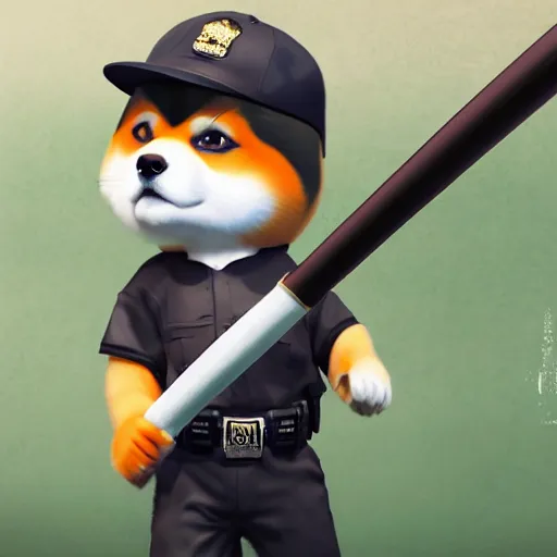 Image similar to shiba inu holding a baseball bat on his hand, police outfit, cinematic lightning, 4 k, ultra detailed, trending on artstation, anime, masterpiece, digital art.