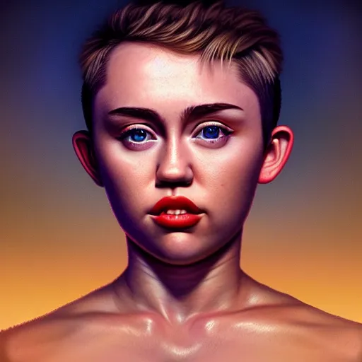 Image similar to Riveting Miley Cyrus portrait, atmospheric lighting, painted, intricate, volumetric lighting, beautiful, rich deep colors masterpiece, golden hour, sharp focus, ultra detailed, by Leesha Hannigan, Ross Tran, Thierry Doizon, Kai Carpenter, Ignacio Fernández Ríos