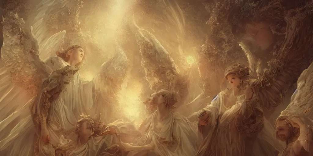 Image similar to breathtaking detailed concept art painting of angels in heaven, holy, ornate background, by hsiao - ron cheng, extremely moody lighting, 8 k