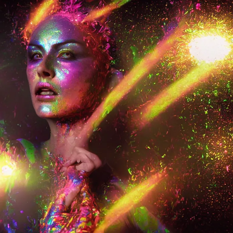 Image similar to wide angle octane render by wayne barlow and carlo crivelli and glenn fabry, the face of a beautiful woman wearing dramatic colorful iridescent glittery facepaint surrounded by smoke and exploding rubble, volumetric lighting and light rays, cinema 4 d, ray traced lighting, very short depth of field, bokeh
