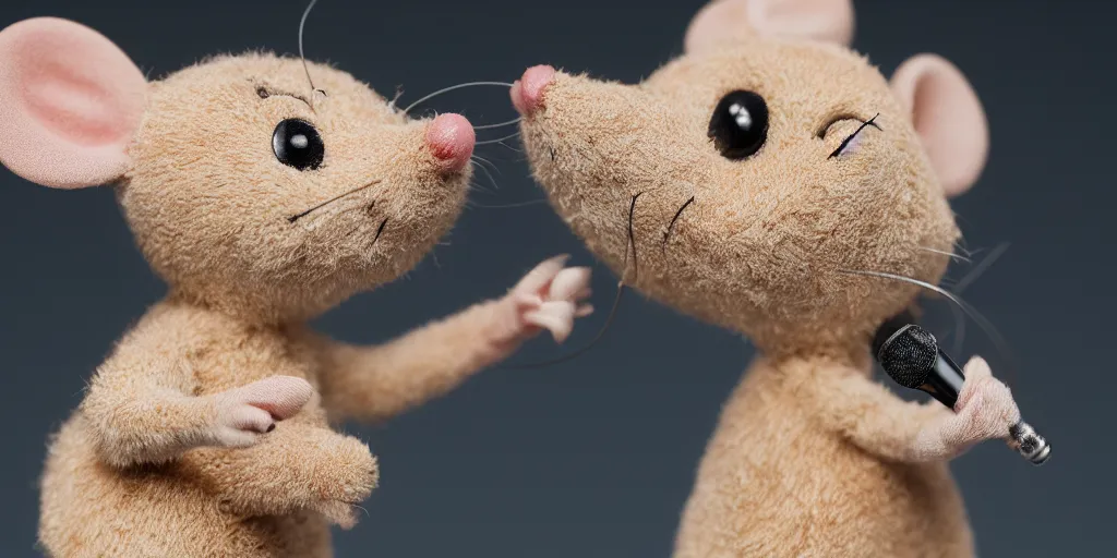 Prompt: a mouse singing with a microphone in it's hands'macro photography, studio light