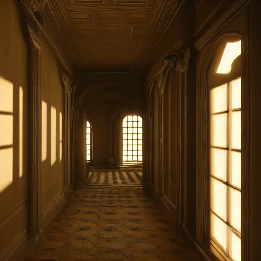 Image similar to inside a victorian hallway with bookcases on the walls, sunlight shines through the windows and produces rays of light in the dust ray traced unreal 5, ultra details