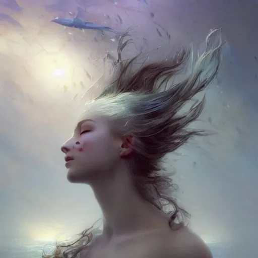 Image similar to dreams of the fae, papery flaking skin, with different colored eyes and flowing hair underwater, three-quarters portrait, intricate, elegant, sharp focus, illustration, highly detailed, digital painting, concept art, matte, by Aleksi Briclot and by Ivan Aivazovsky and by Greg Rutkowski, artgerm, wlop, masterpiece