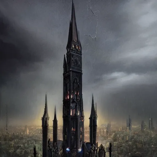 Image similar to an ultra detailed tarot card of a lonely and impossibly tall ominous gothic dark tower elevated high above the city, in a river elevated high above the city, fantasy capital city, ultrawide lense, aerial photography, scary thunderstorm, light fog, volumetric lighting, exquisite detail, 8 k, art by greg rutkowski and alphonse mucha