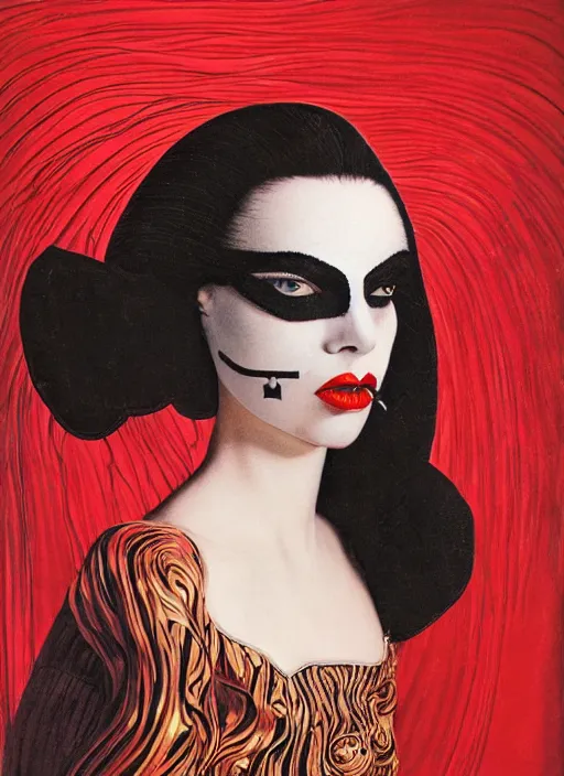 Image similar to an 8 0 s portrait of a woman with dark eye - shadow and red lips with dark slicked back hair, a high fashion mask made of wire and beads, dreaming acid - fueled hallucinations, psychedelic by serge lutens, rolf armstrong, delphin enjolras, peter elson, red cloth background, frilled blooming collar, alexander mcqueen