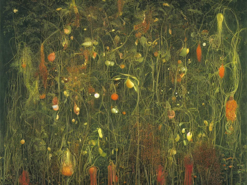 Image similar to botanist in white beekeeper suit lost among the carnivorous plants with fireflies and devil creatures. painting by mikalojus konstantinas ciurlionis, bosch, max ernst, agnes pelton, rene magritte