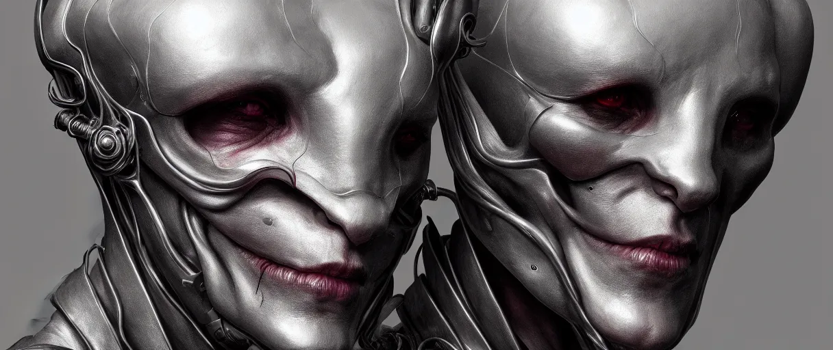 Image similar to hyperrealistic highly detailed side bust of chrome Jötunn smirking sharp concept art wayne barlowe hannah yata cinematic lighting 8k low angle shallow depth of field