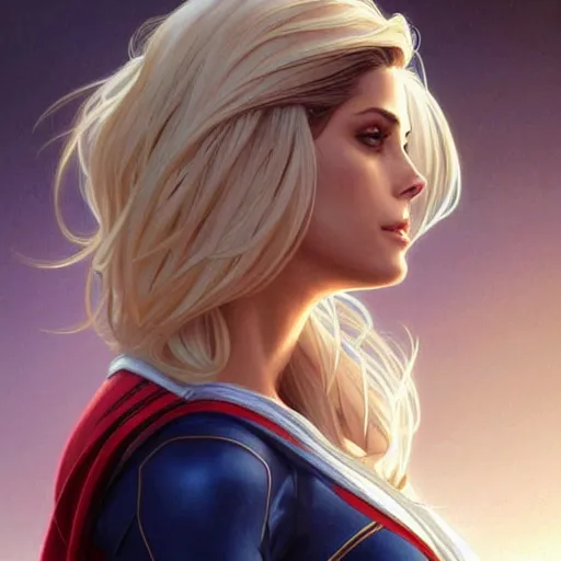 Image similar to Ashley Greene with blonde hair as Super Girl, western, D&D, fantasy, intricate, elegant, highly detailed, digital painting, artstation, concept art, matte, sharp focus, illustration, art by Artgerm and Greg Rutkowski and Alphonse Mucha