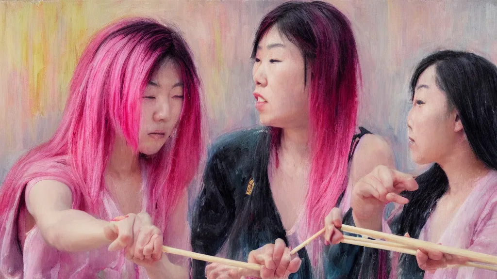 Image similar to asian person with chopsticks fighting a person with pink hair, cinematic, 4 k, oil painting