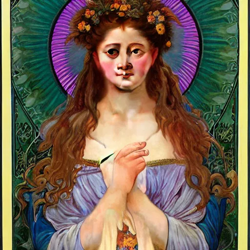 Prompt: detailed portrait art nouveau painting of Anna Cathcart as the goddess of the sun, with anxious, piercing eyes, by Alphonse Mucha, Michael Whelan, William Adolphe Bouguereau, John Williams Waterhouse, and Donato Giancola