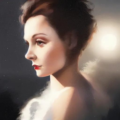 Image similar to closeup portrait of a young vivian leigh, dramatic lighting, city background, night, moon, chiaroscuro, high detail, painted by greg rutkowski, painted by igor kieryluk, painted by bobby chiu, trending on artstation