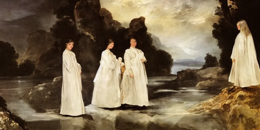 Image similar to hyperrealismBaptism on the river girls in white capes and death angels landscape in style of Goya