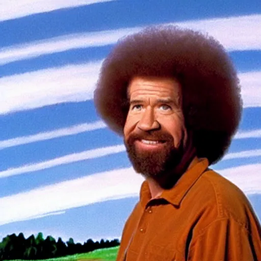 Prompt: a still of Bob ross painting chemtrails in the sky with a paintbrush in the style of bob ross