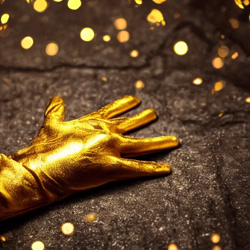 Prompt: a golden gauntlet is sitting in a dark cave, clear focus, bokeh effect, high res, hasselblad, dslr, professional, cinematic