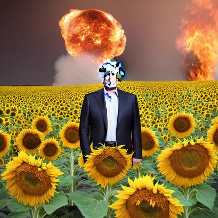 Image similar to photo portrait of Vladimir Putin in sunflower field, dressed in shirt with ornamental ethereal sunflower pattern, natural skin tone, explosion and fire in the background, elegant, Realistic, Refined, Highly Detailed, natural soft pastel lighting colors scheme, fine art photography by Cecil Beaton, volumetric lighting, hyper realistic photography