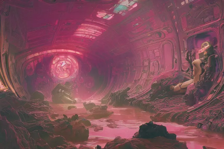 Image similar to interior of a digesting Stomach filled with glowing pink water, Cross section, Claustrophobic, seapunk Mecha , vaporwave , digital art, artstation, by WLOP, Ilya repin, alphonse mucha., Very highly detailed 8K, octane, Digital painting, the golden ratio,