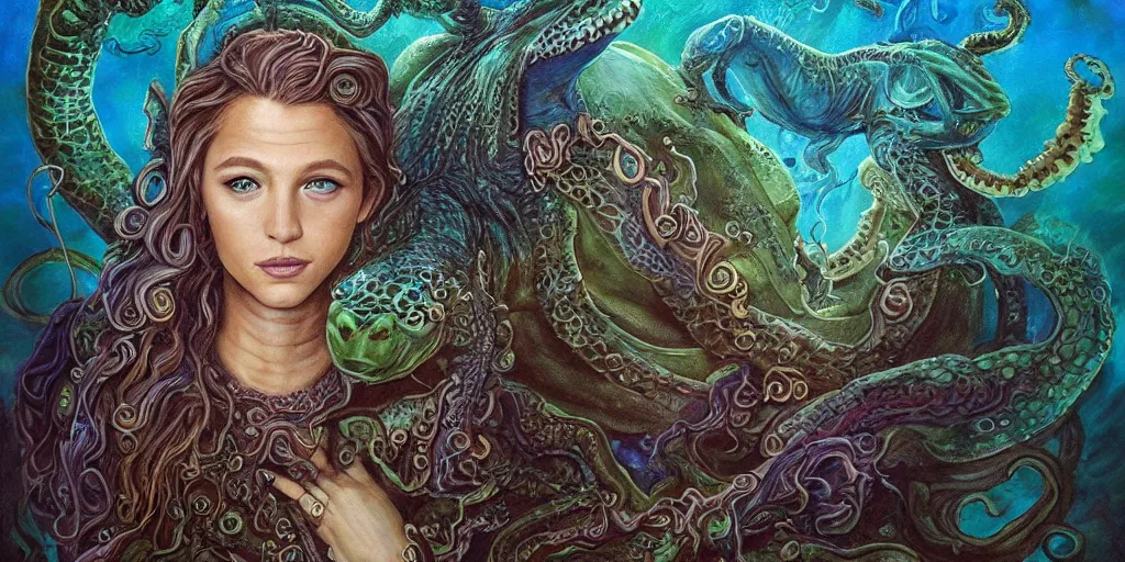 Image similar to Fantasy fairytale style portrait painting, Great Leviathan Turtle, cephalopod, Cthulhu Squid, hybrid, Mythic Island, center Universe, accompany Cory Chase, Blake Lively, Anya_Taylor-Joy, Grace Moretz, Halle Berry, Mystical Valkyrie, Anubis-Reptilian, Atlantean Warrior, hybrid, intense fantasy atmospheric lighting, hyperrealistic, William-Adolphe Bouguereau, François Boucher, Michael Cheval, Oil Painting, Cozy, hot springs hidden Cave, candlelight, natural light, lush plants and flowers, Spectacular Mountains, bright clouds, luminous stellar sky, outer worlds, Jessica Rossier, michael whelan, Solar Flare HD,