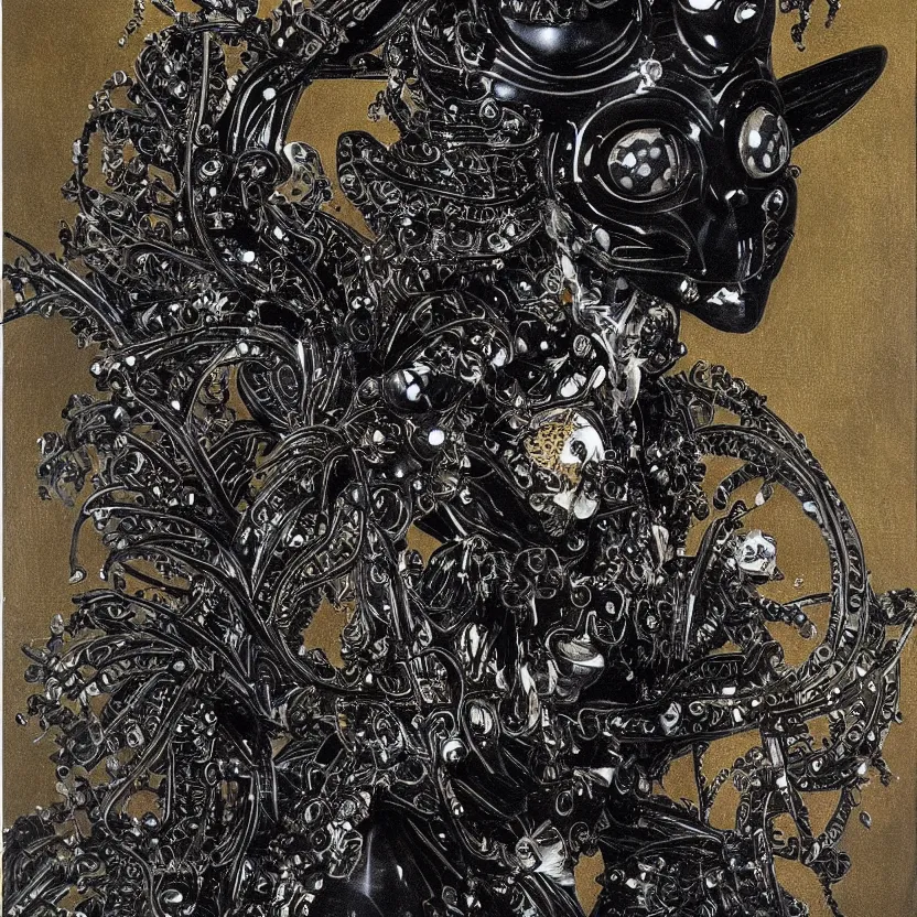 Image similar to a black reflective alien geisha mask by h. r. geiger, pulp science fiction art for omni magazine. decorated with ornate filigree and foliage. high contrast. baroque period, oil on canvas. renaissance masterpiece.