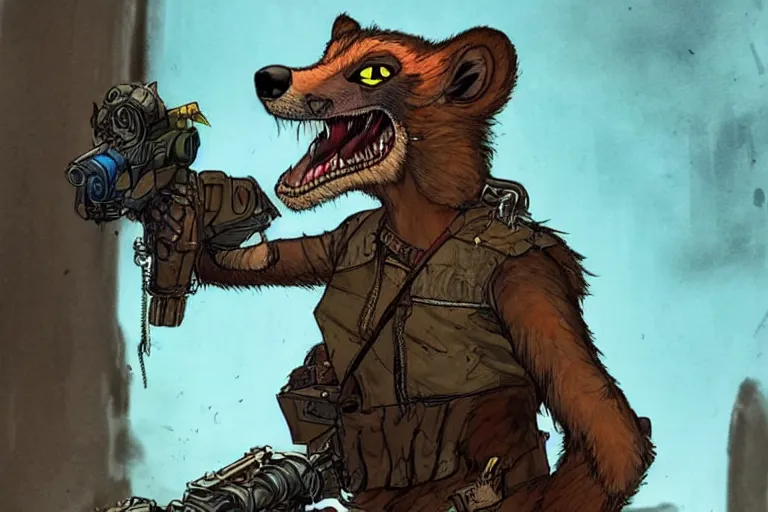 Prompt: a good ol'weasel fursona ( from the furry fandom ), heavily armed and armored facing down armageddon in a dark and gritty version from the makers of mad max : fury road. witness me.