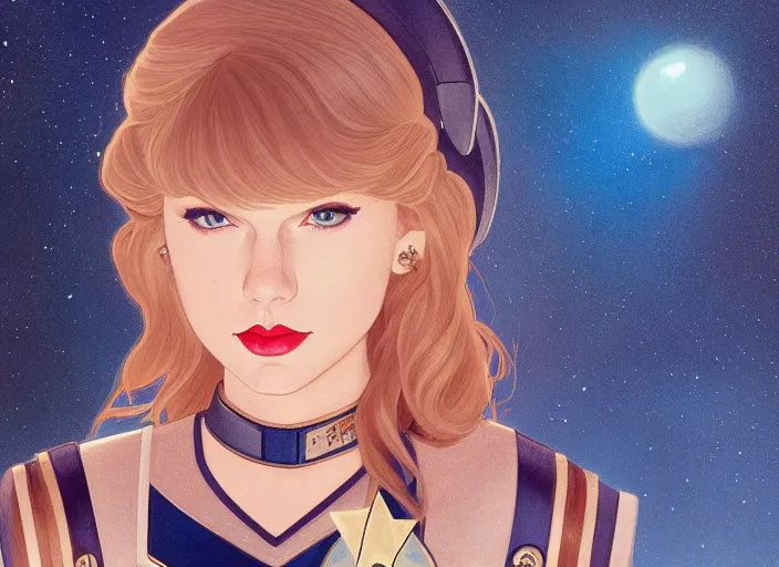 Image similar to a disney film still of taylor swift as a star trek officer, finely detailed features, closeup of the face, perfect art, dusk, blue hour, gapmoe yandere grimdark, trending on pixiv fanbox, painted by greg rutkowski, makoto shinkai, takashi takeuchi, alphonse mucha, akihiko yoshida